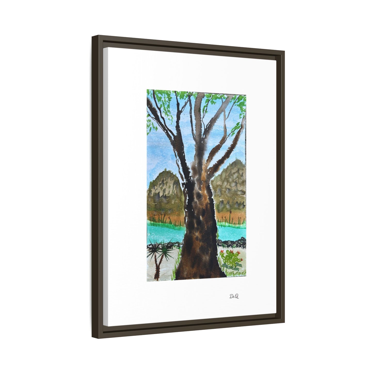Tranquil Lakeside Tree Watercolor - Framed Matte Canvas Print by Dr. Q
