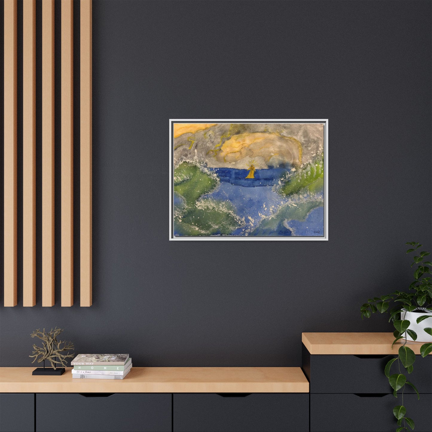 "Faith in the Storm" Framed Matte Canvas Seascape — Golden Sail at Sunset