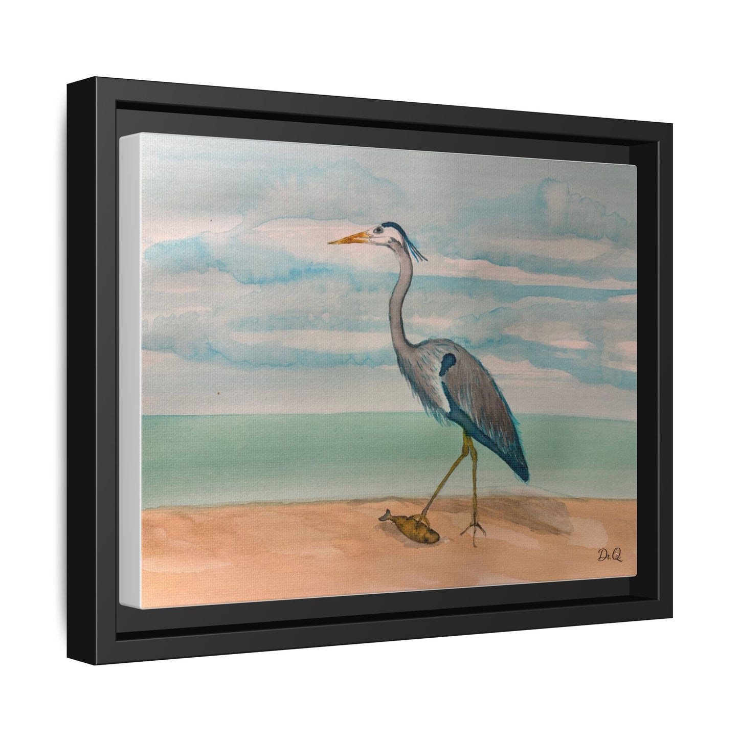 Framed Heron Beach Matte Canvas — Coastal Watercolor Wall Art