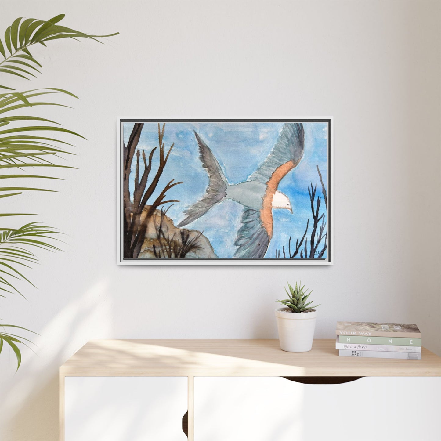 Framed Matte Canvas Wall Art — Soaring Seagull Coastal Print