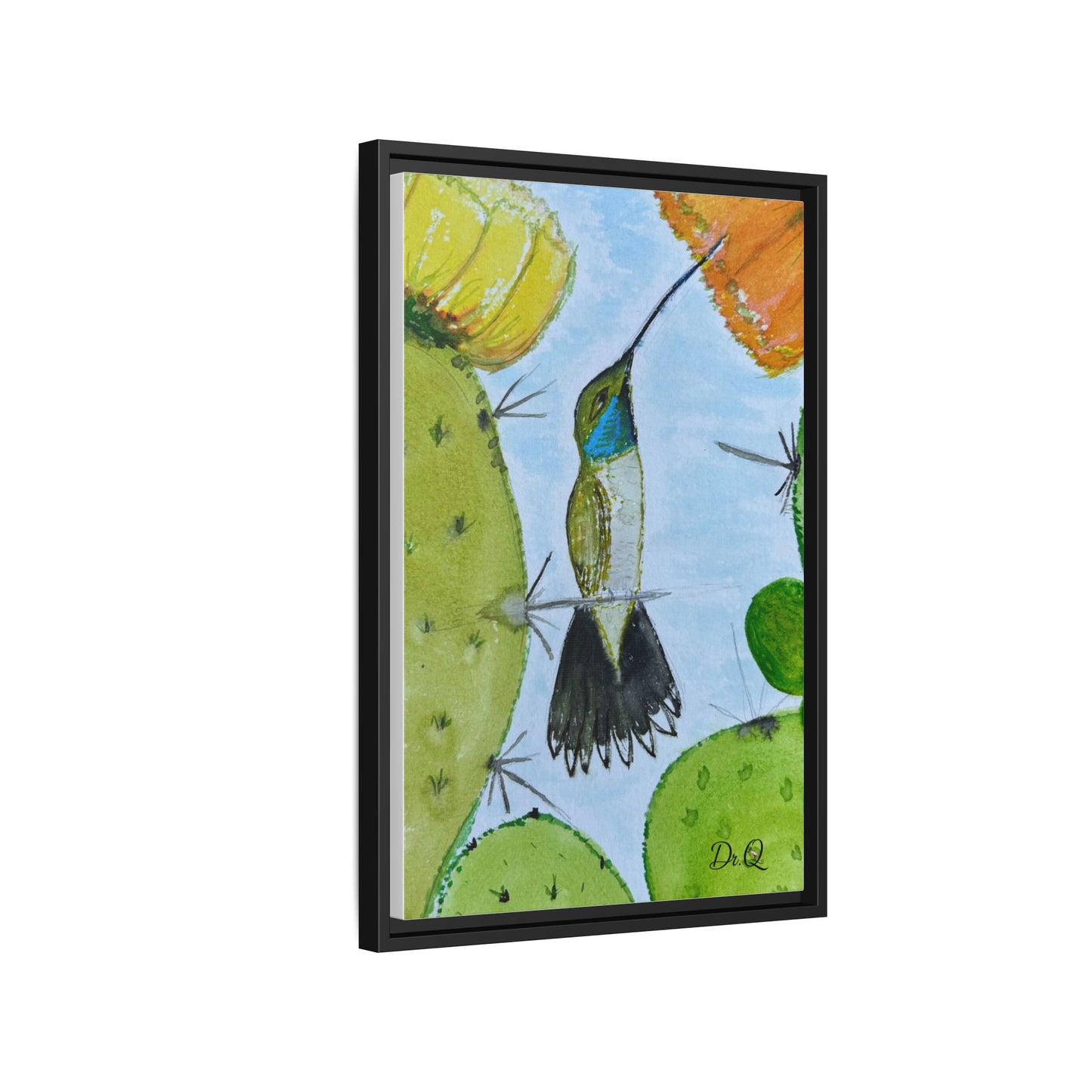 Framed Hummingbird Cactus Watercolor Print on Canvas by Dr. Q — Floral Desert Wall Art