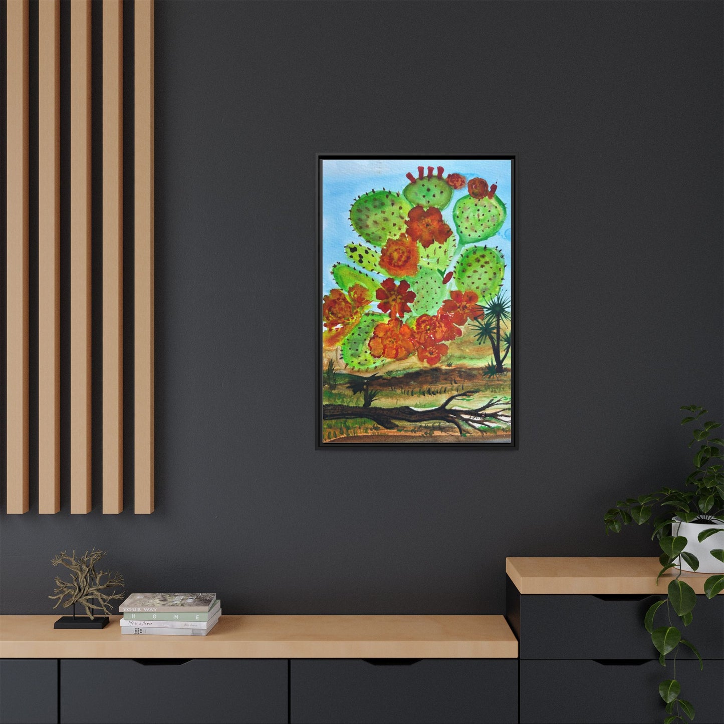 Prickly Pear Cactus Framed Canvas Print — Vertical Botanical Wall Art