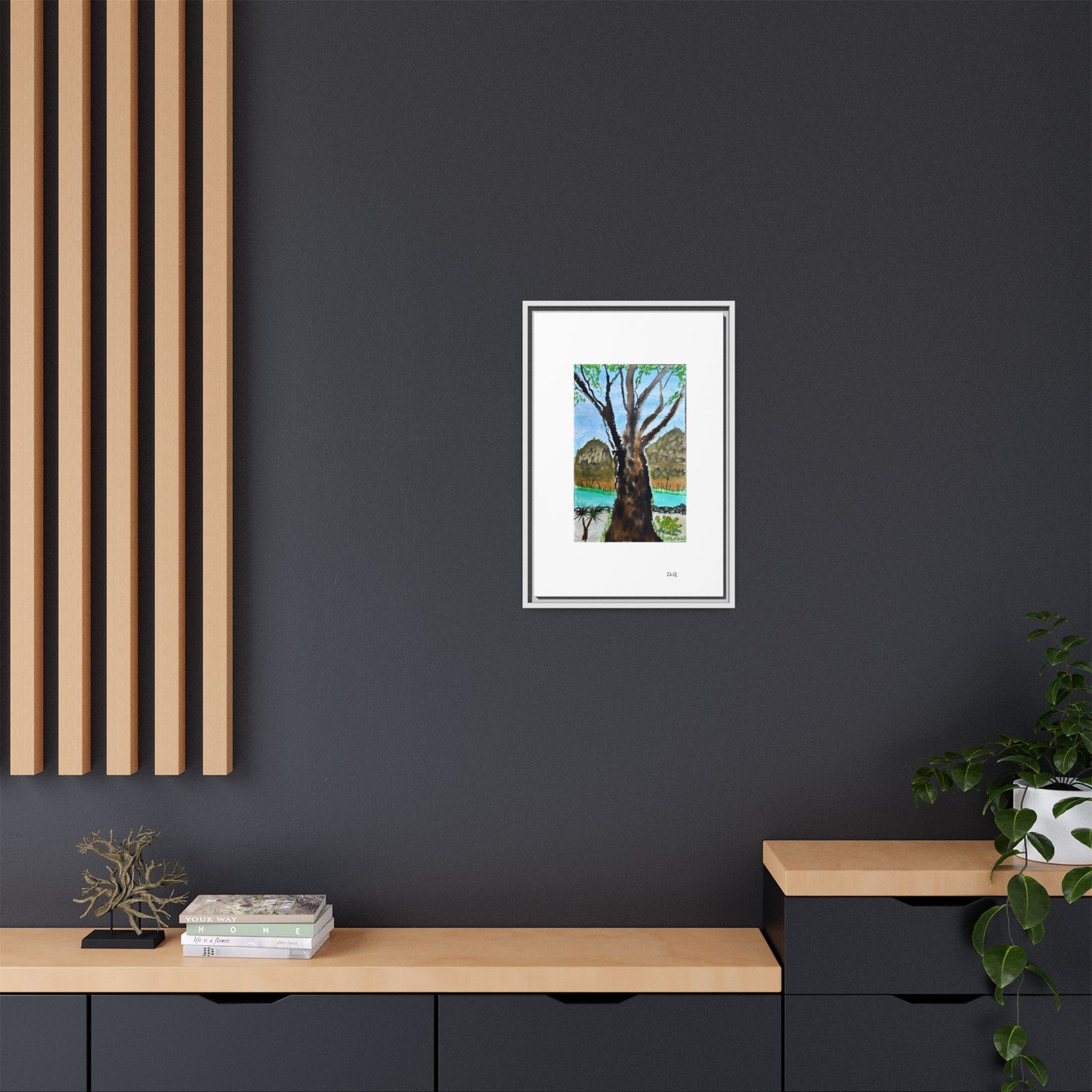 Tranquil Lakeside Tree Watercolor - Framed Matte Canvas Print by Dr. Q