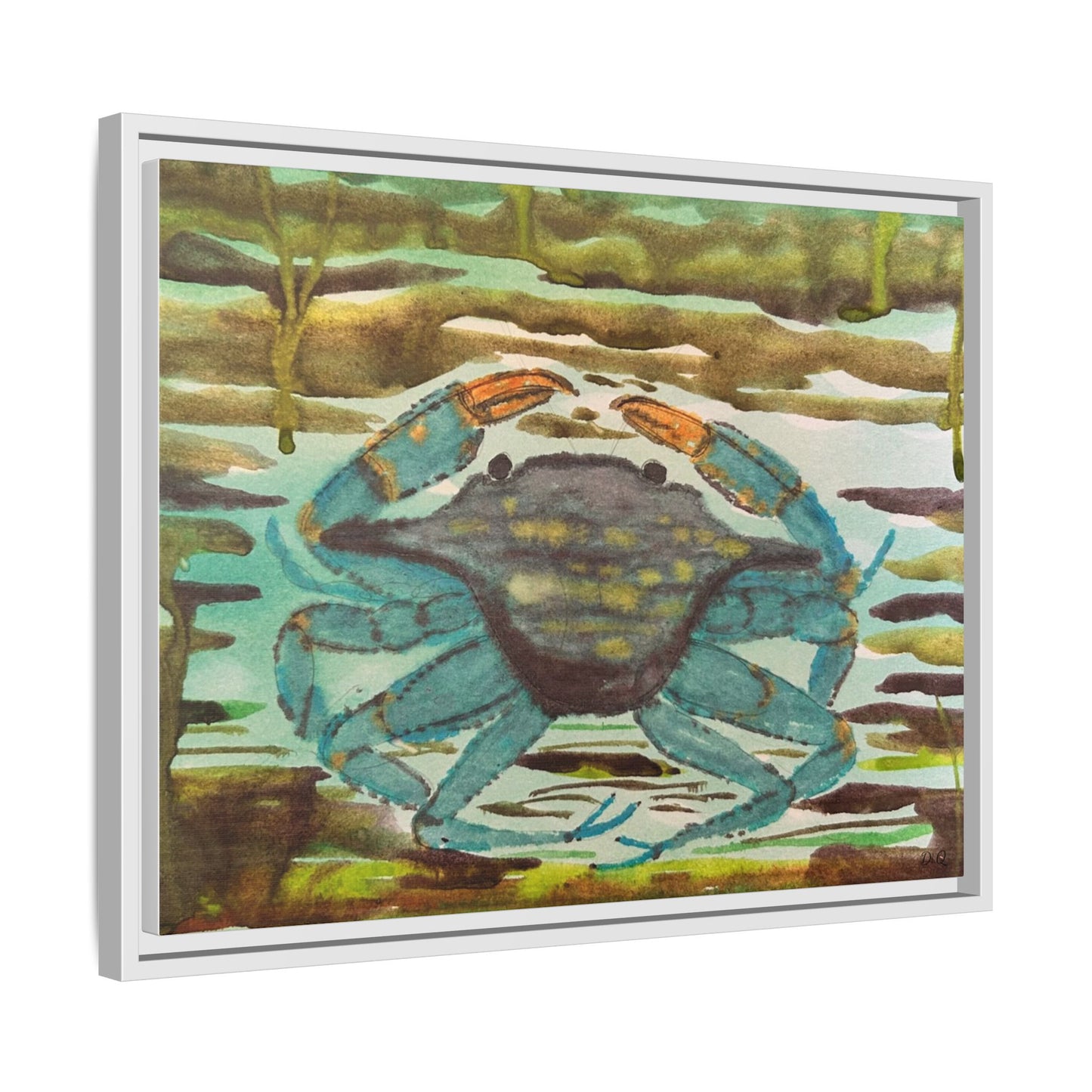 Blue Crab Coastal Art Print — Matte Framed Canvas