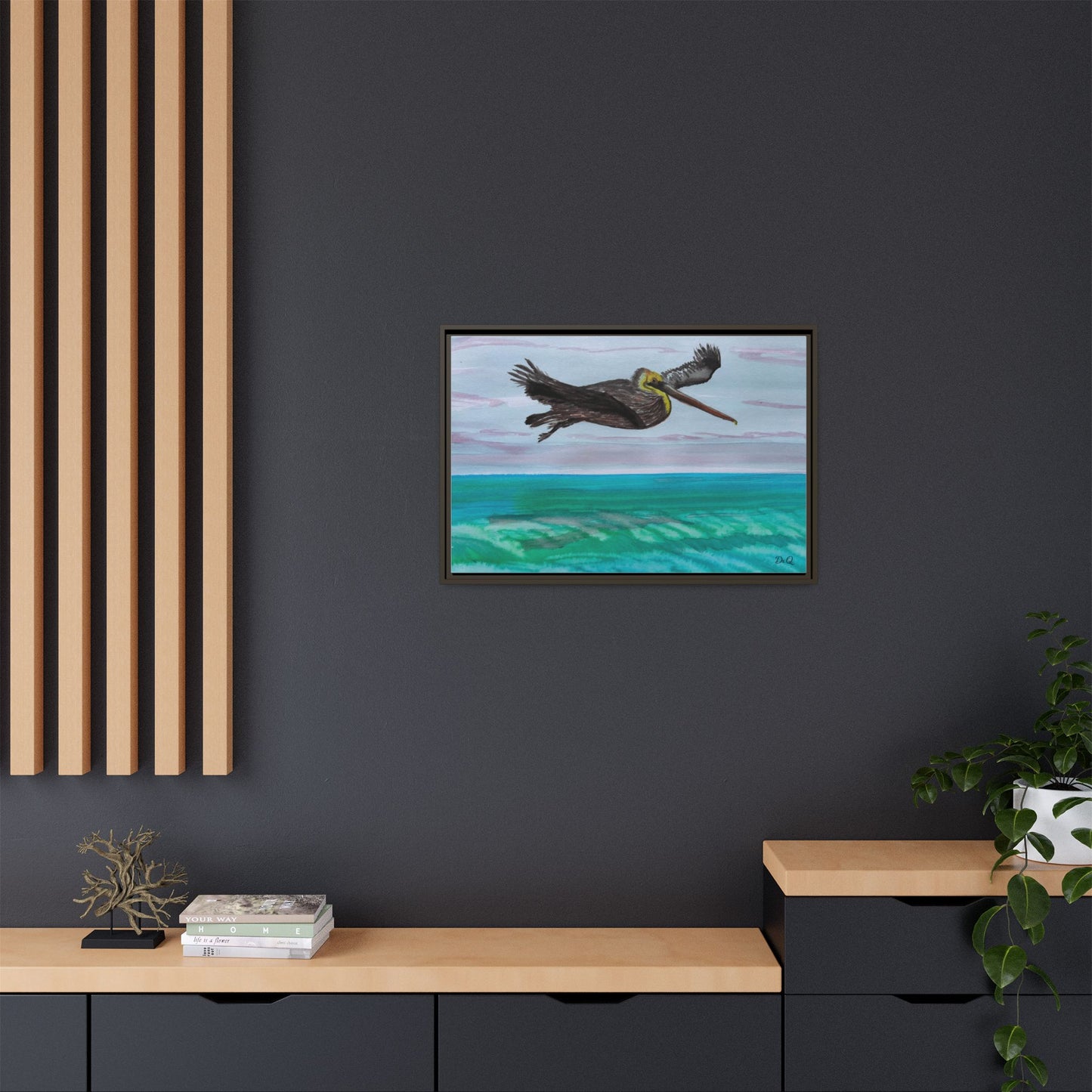 Brown Pelican Over Ocean Matte Framed Canvas Art