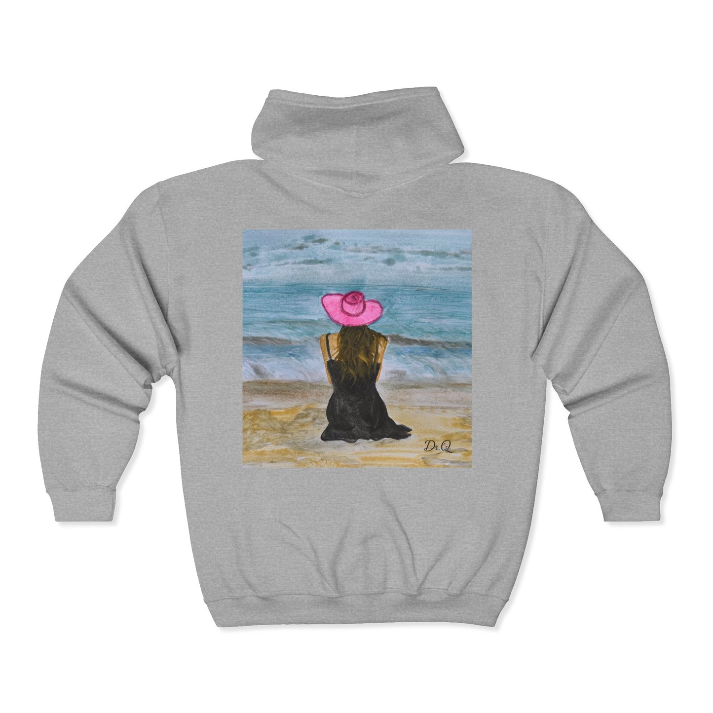Dr. Q's Full-Zip Hoodie — Woman in Pink Hat Beach Art Zip-Up Sweatshirt