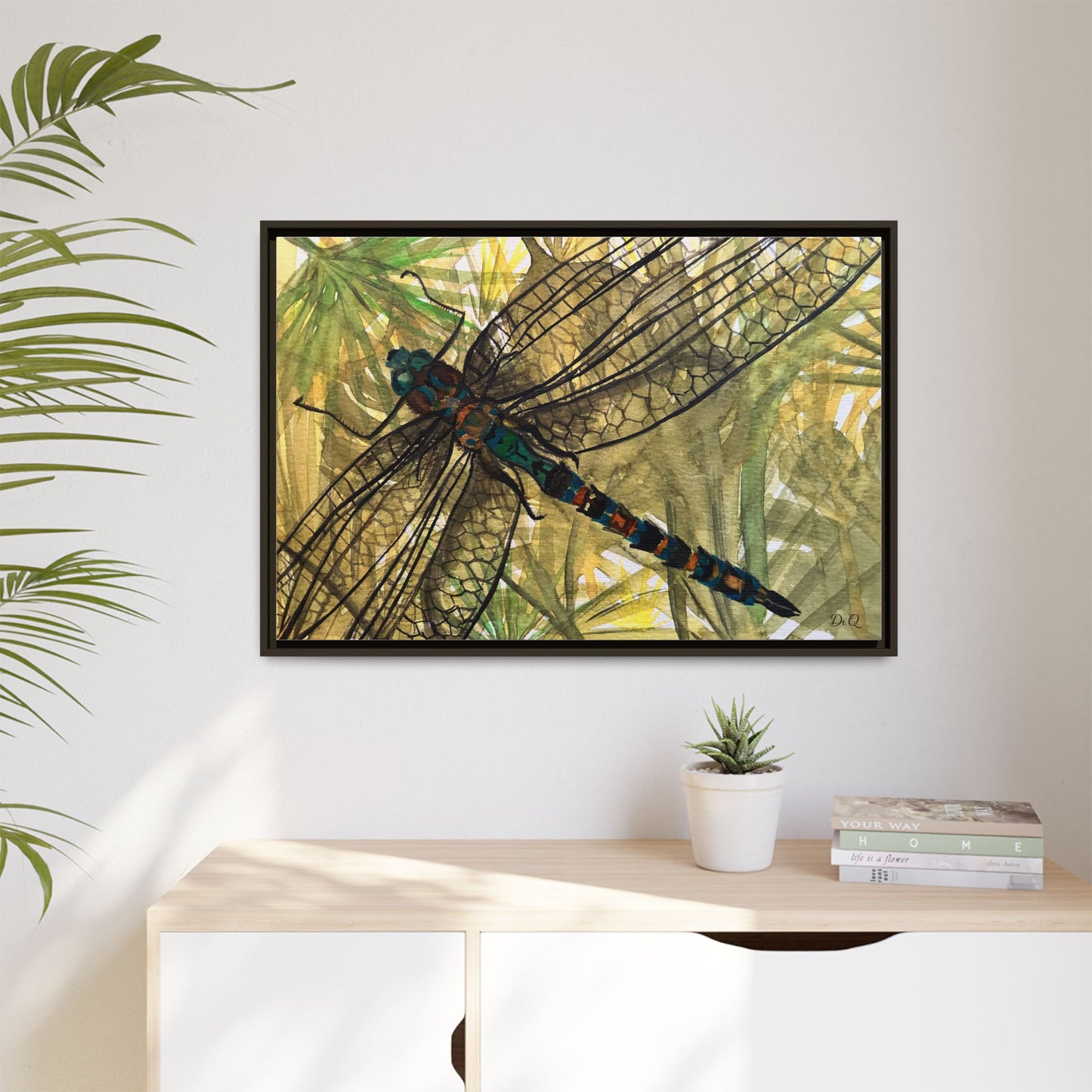 Dragonfly Framed Canvas Art — Botanical Watercolor Wall Decor