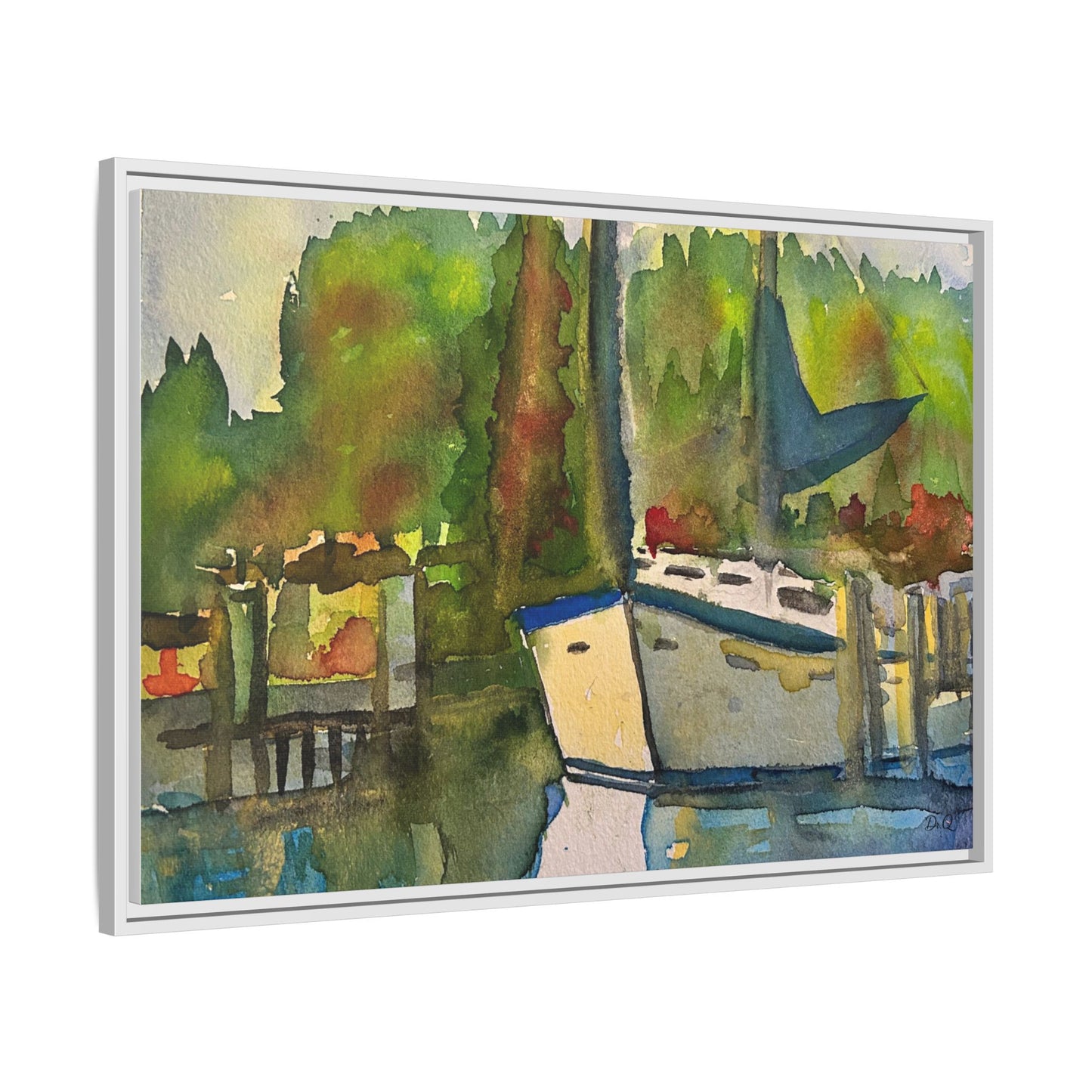 Sailboat Harbor Watercolor — Framed Matte Canvas Wall Art