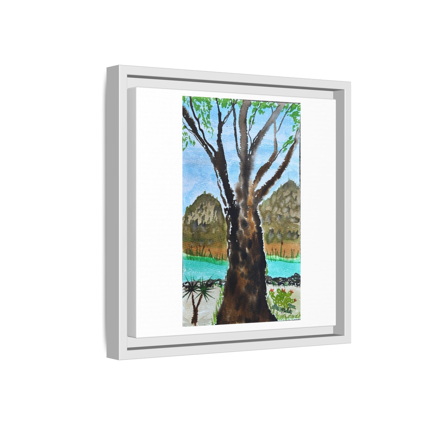 Tranquil Lakeside Tree Watercolor - Framed Matte Canvas Print by Dr. Q