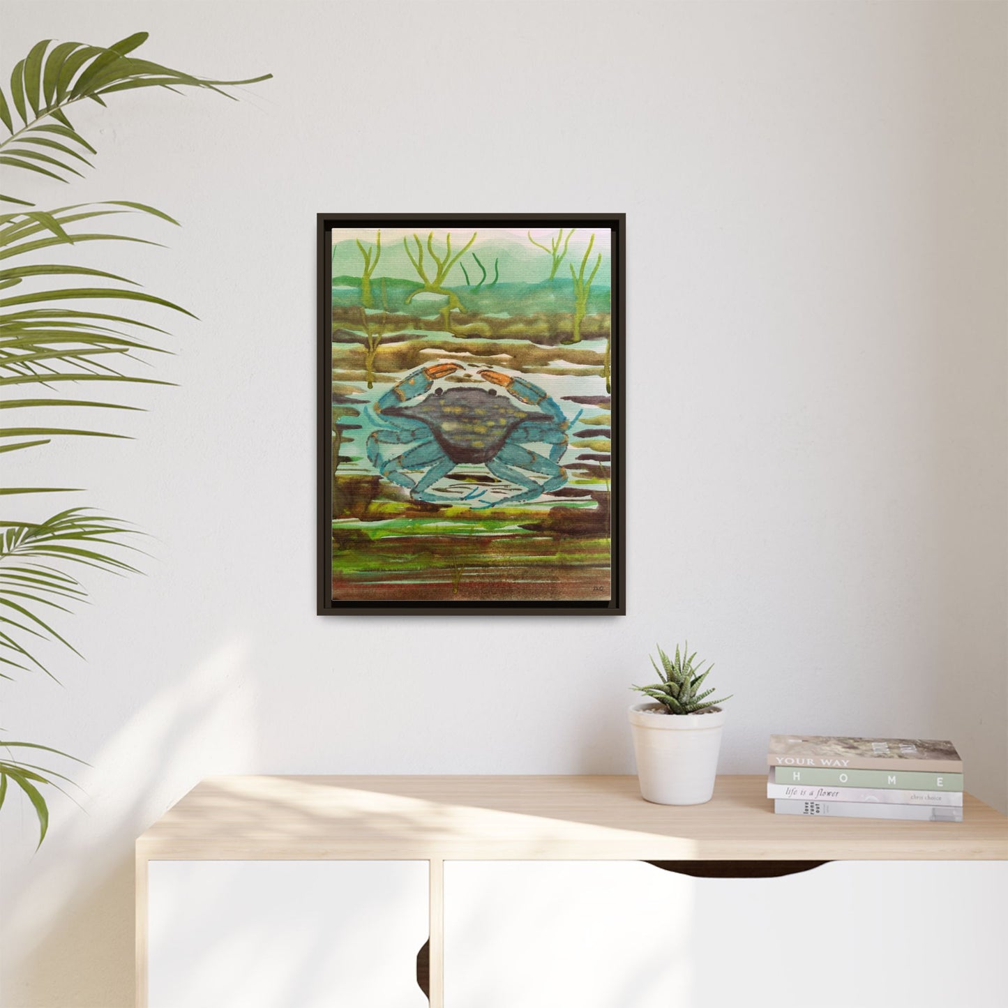 Blue Crab Coastal Art Print — Matte Framed Canvas