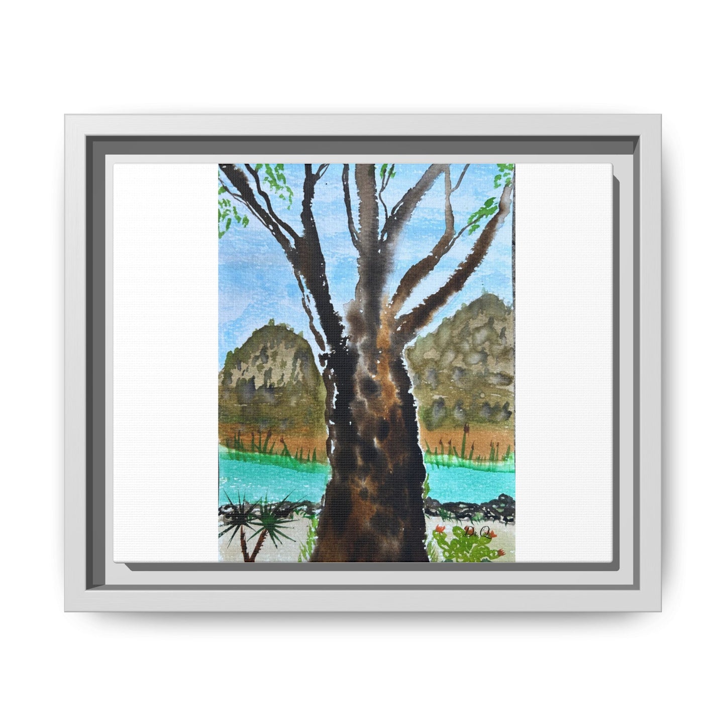 Tranquil Lakeside Tree Watercolor - Framed Matte Canvas Print by Dr. Q