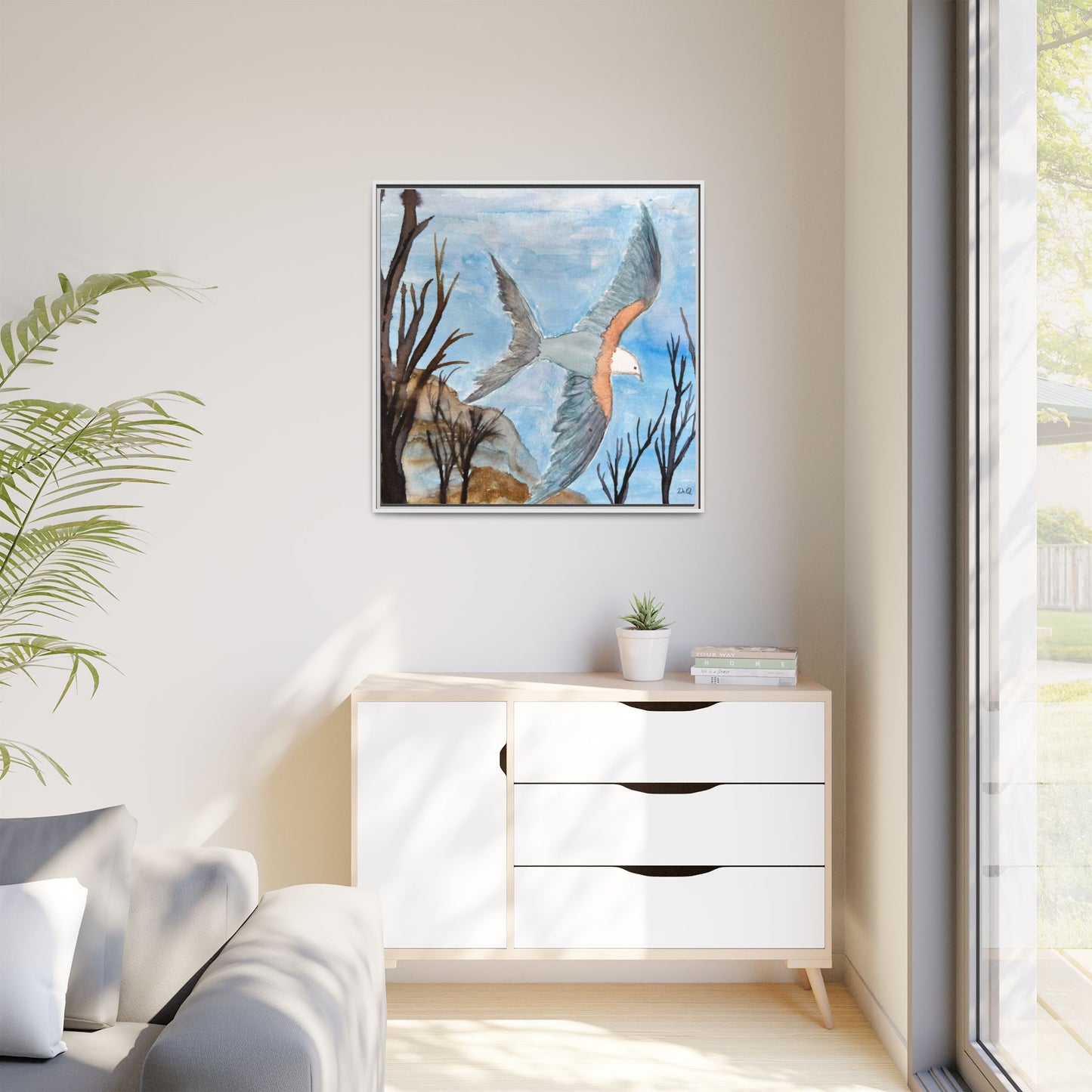 Framed Matte Canvas Wall Art — Soaring Seagull Coastal Print