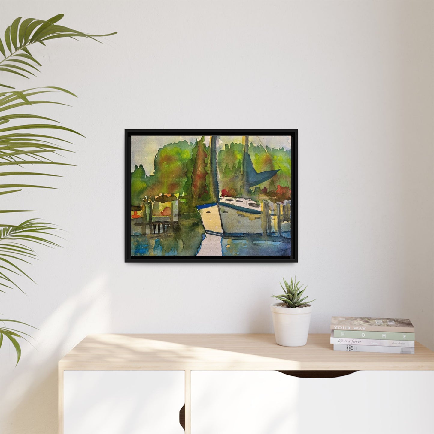 Sailboat Harbor Watercolor — Framed Matte Canvas Wall Art