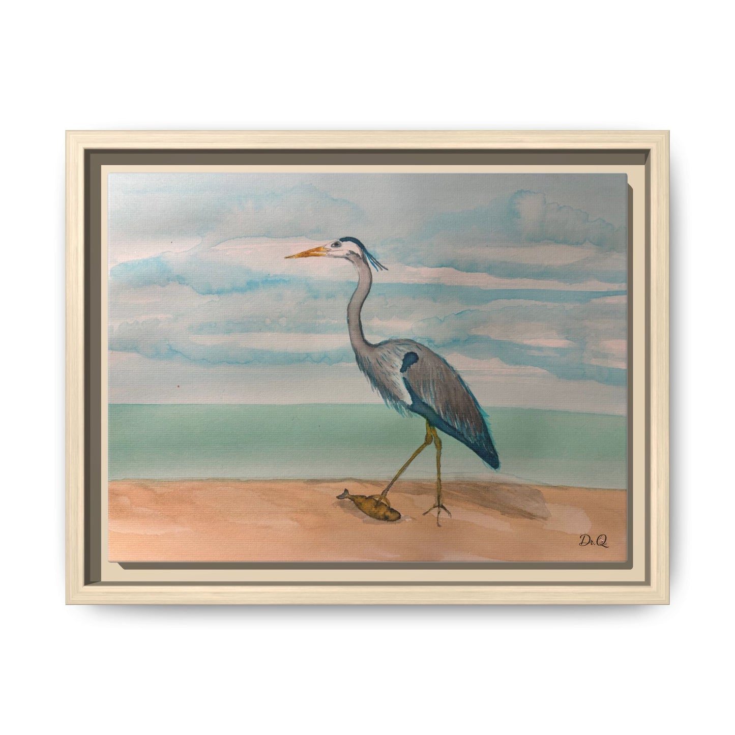 Framed Heron Beach Matte Canvas — Coastal Watercolor Wall Art