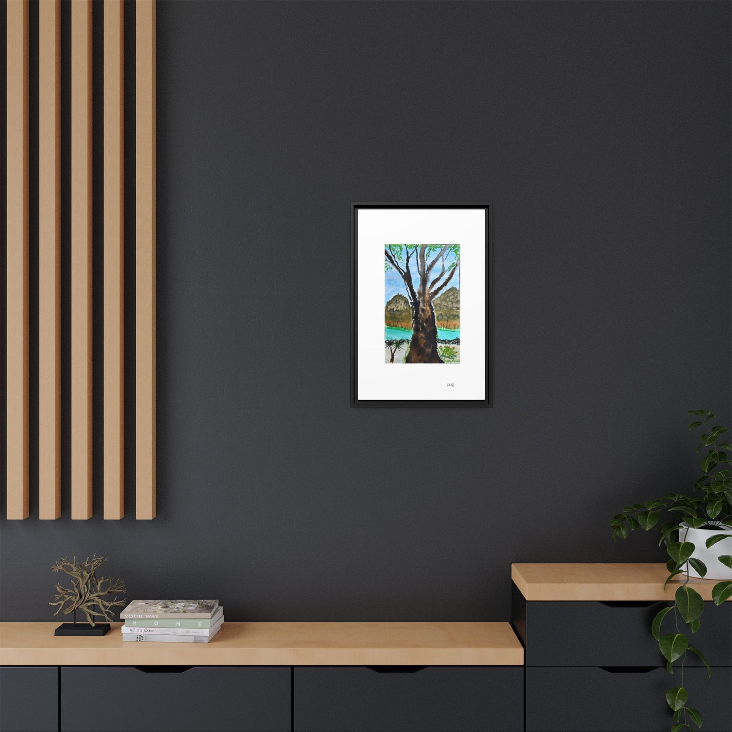Tranquil Lakeside Tree Watercolor - Framed Matte Canvas Print by Dr. Q