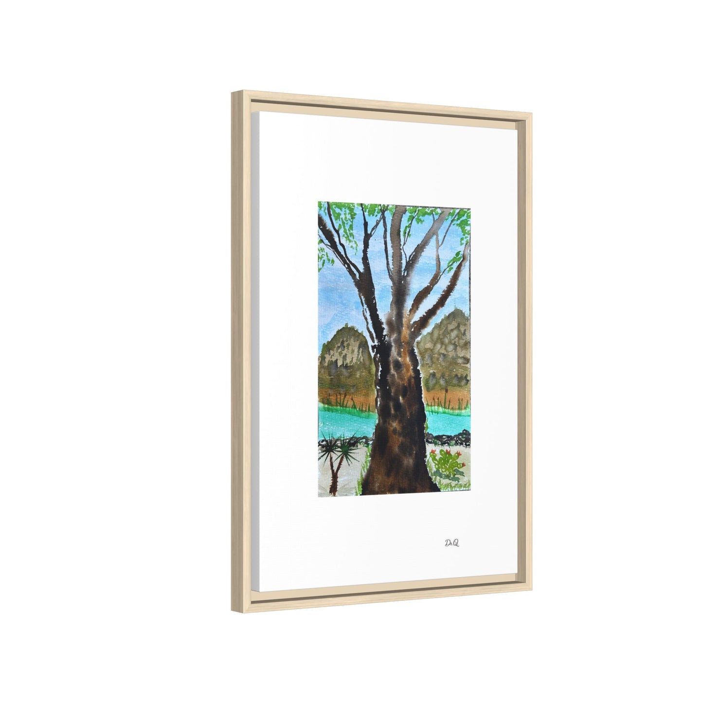 Tranquil Lakeside Tree Watercolor - Framed Matte Canvas Print by Dr. Q