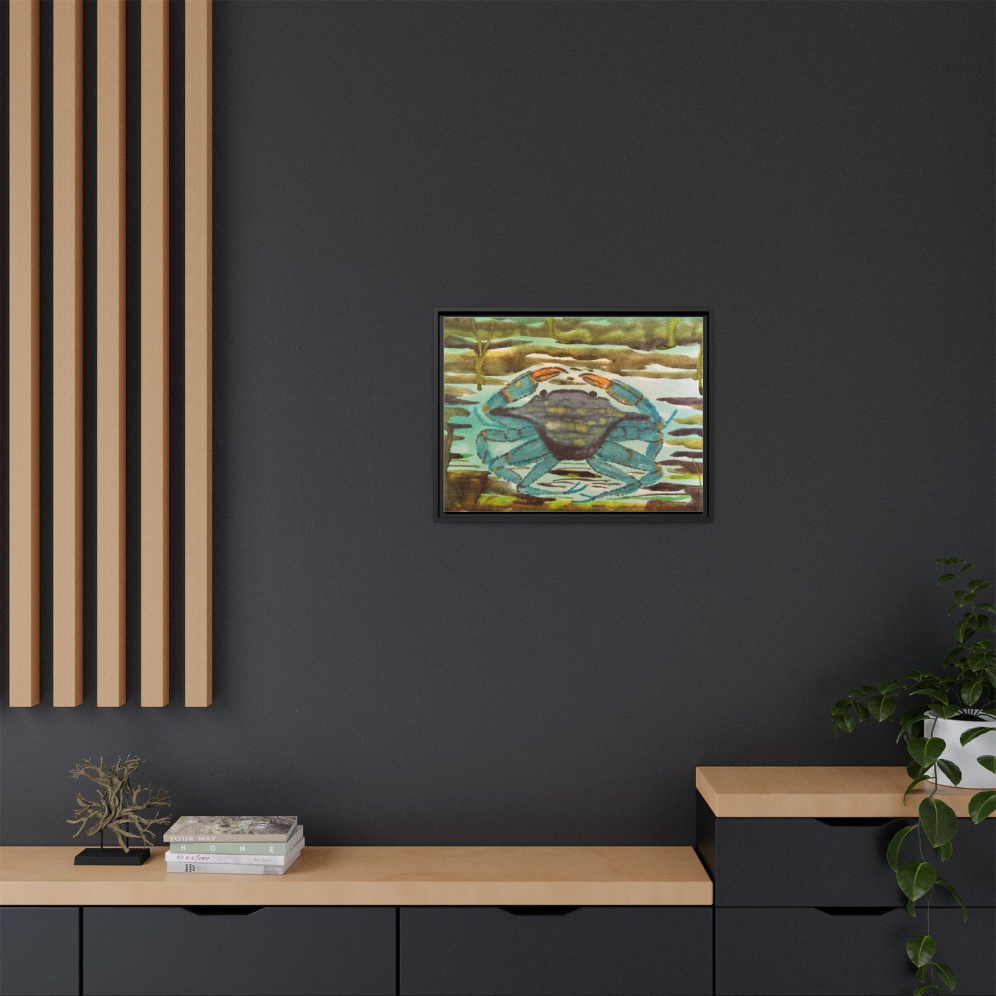 Blue Crab Coastal Art Print — Matte Framed Canvas
