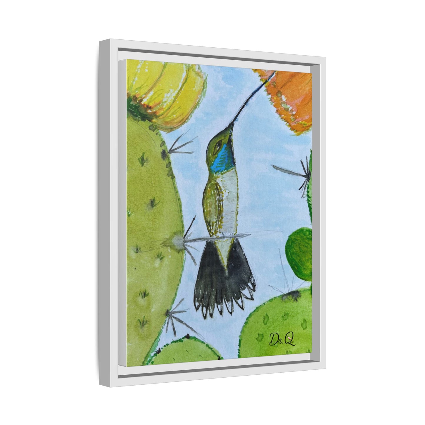 Framed Hummingbird Cactus Watercolor Print on Canvas by Dr. Q — Floral Desert Wall Art