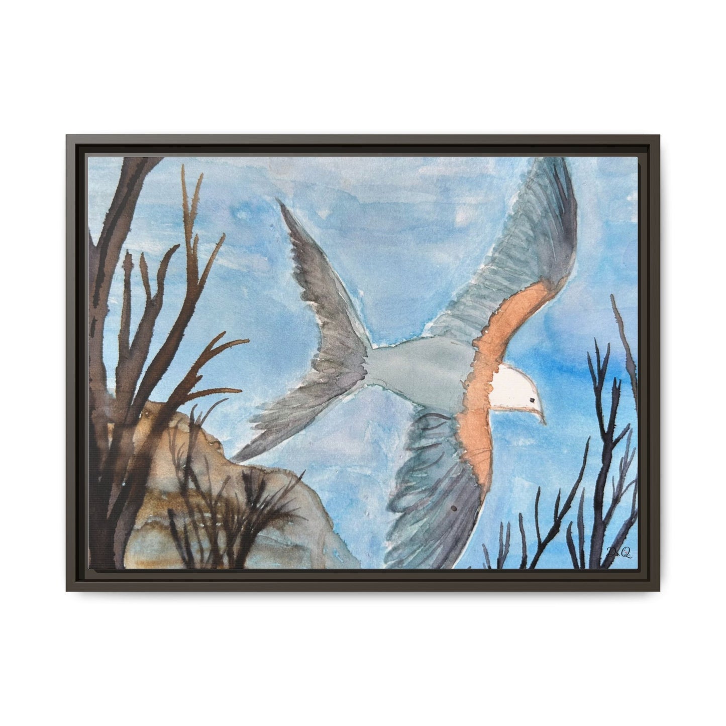Framed Matte Canvas Wall Art — Soaring Seagull Coastal Print