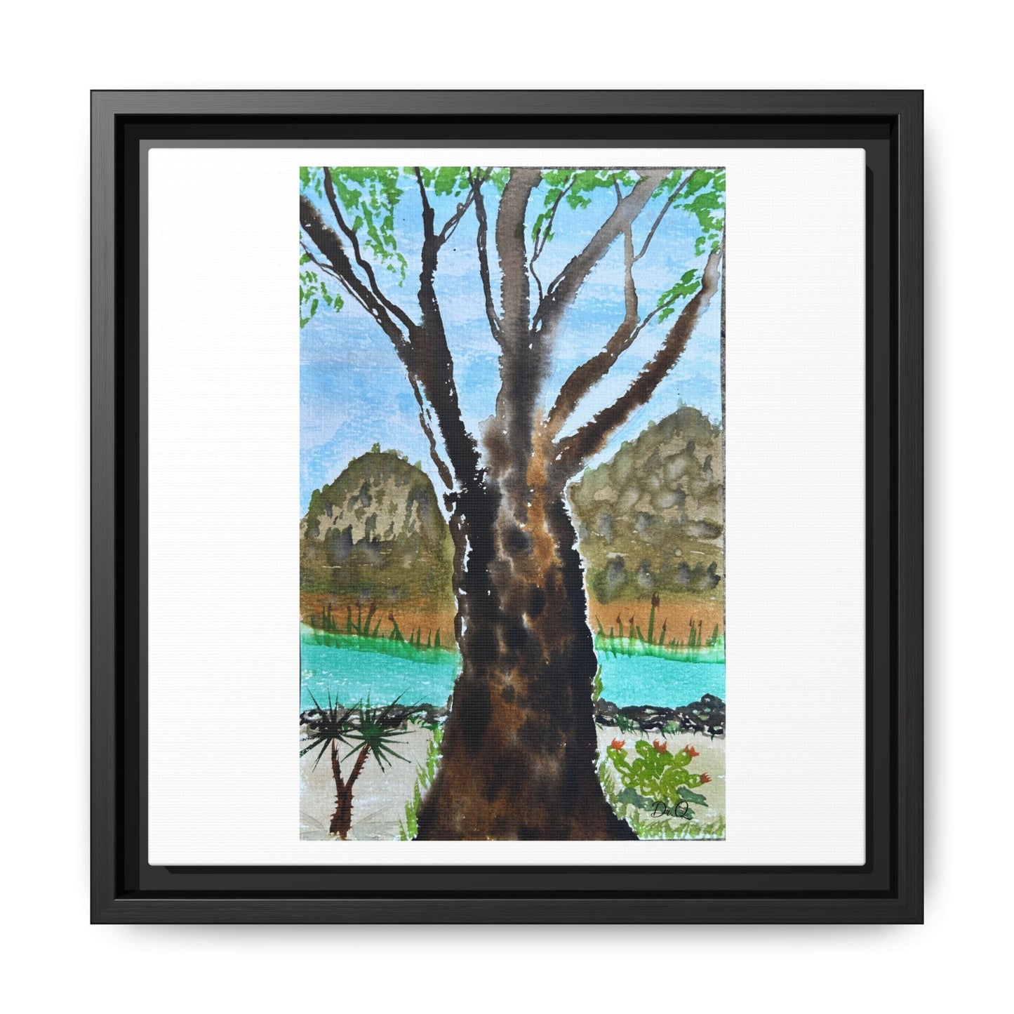 Tranquil Lakeside Tree Watercolor - Framed Matte Canvas Print by Dr. Q