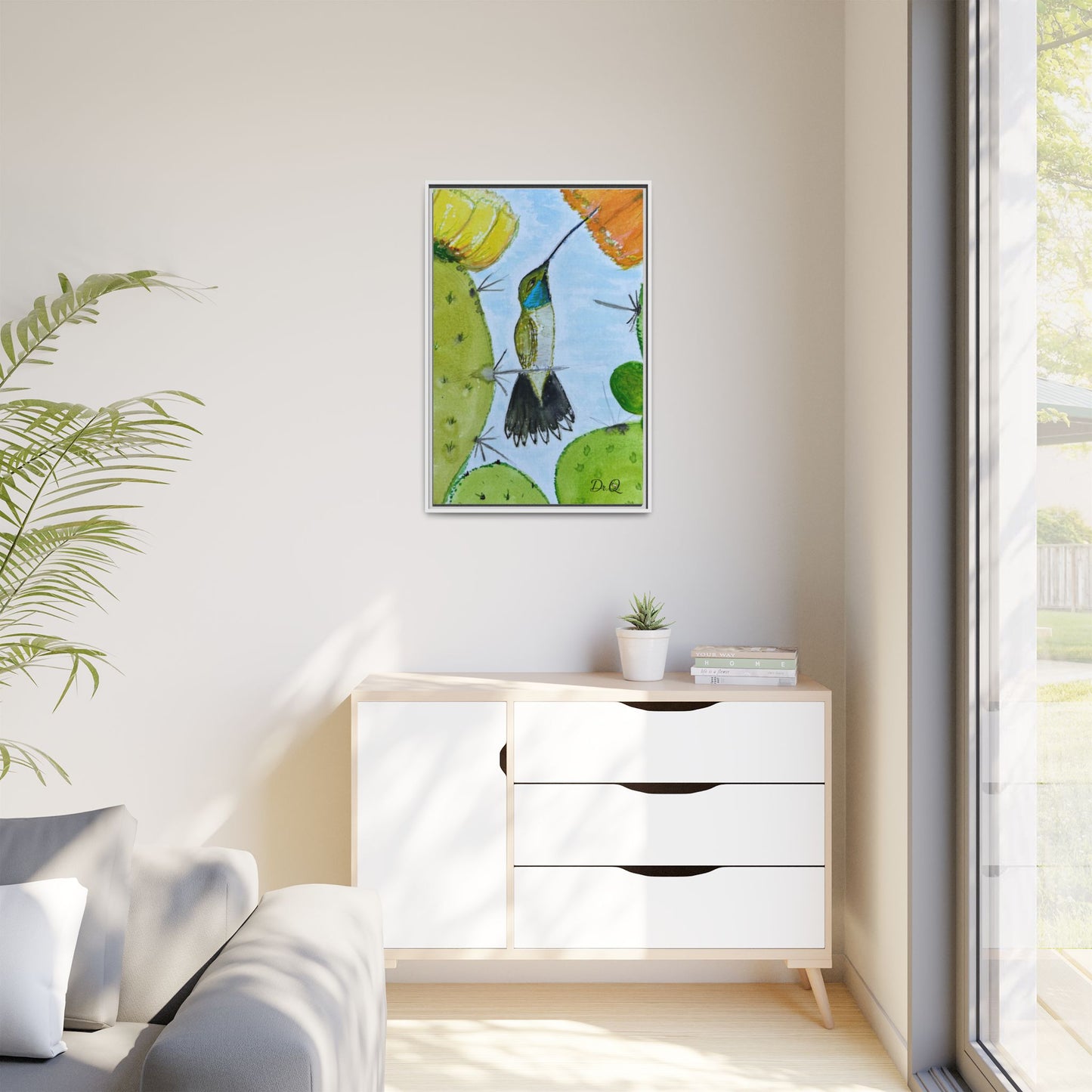 Framed Hummingbird Cactus Watercolor Print on Canvas by Dr. Q — Floral Desert Wall Art