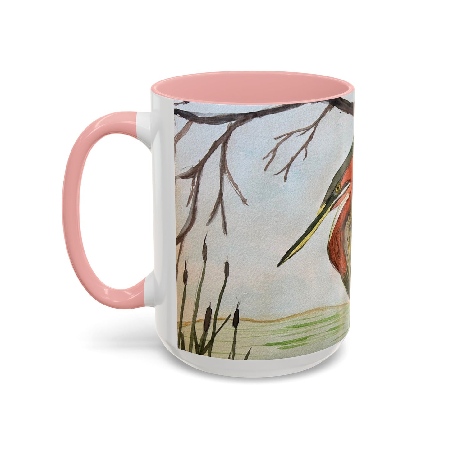 Green Heron Watercolor Accent Coffee Mug — Nature Bird Watercolor (11/15oz)