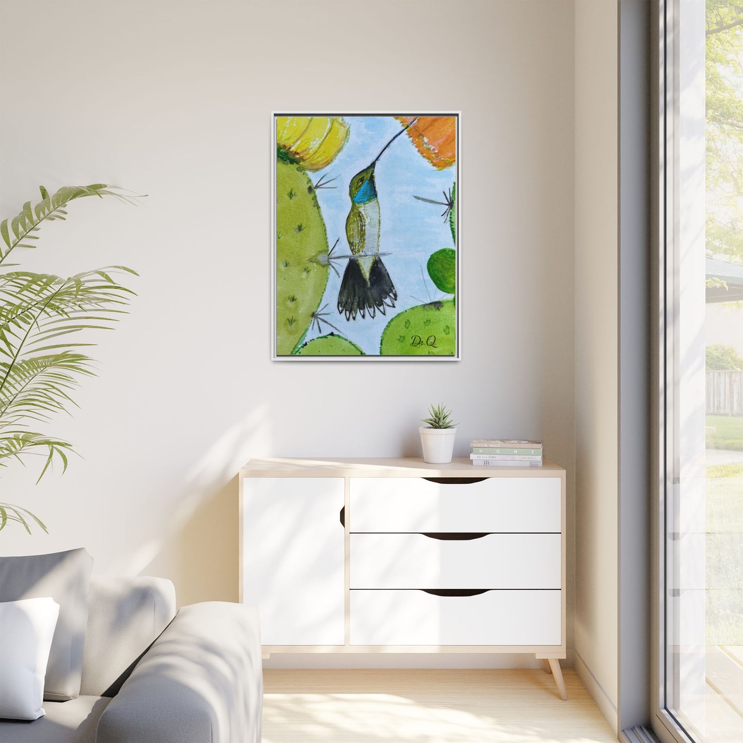 Framed Hummingbird Cactus Watercolor Print on Canvas by Dr. Q — Floral Desert Wall Art