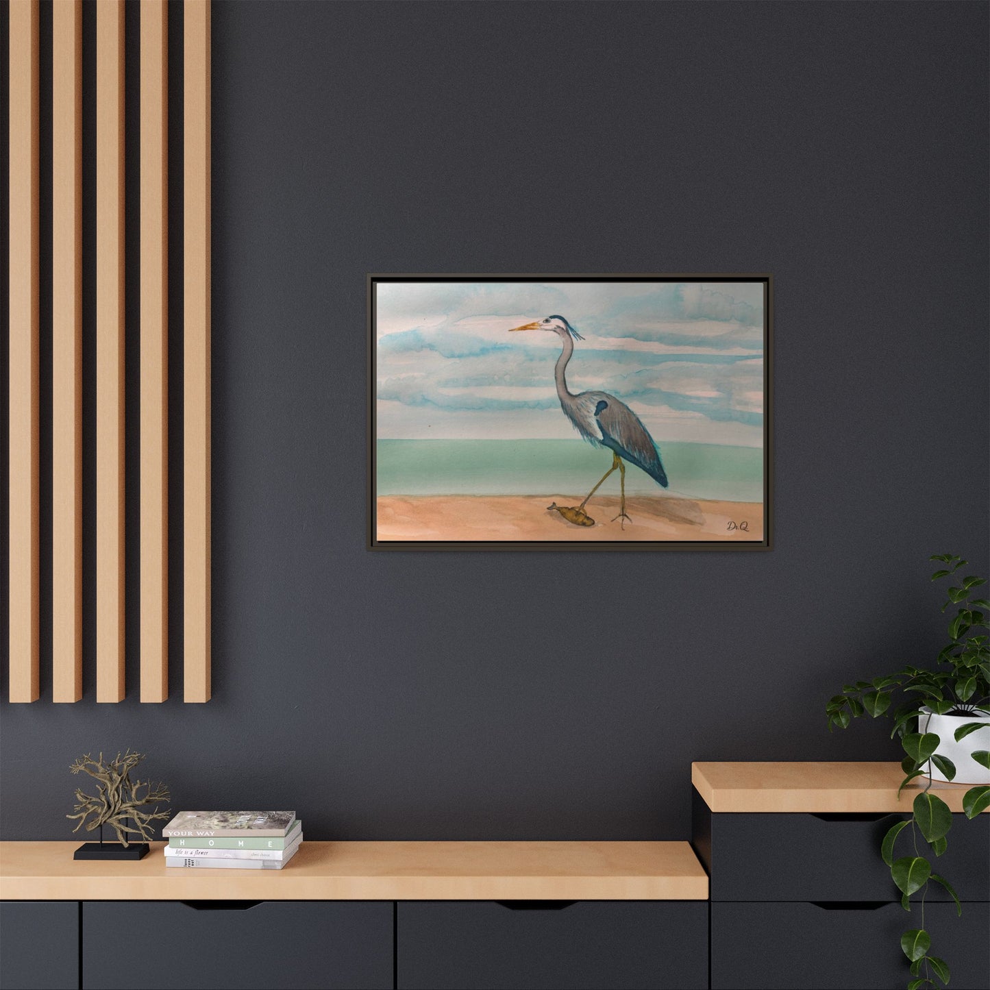 Framed Heron Beach Matte Canvas — Coastal Watercolor Wall Art