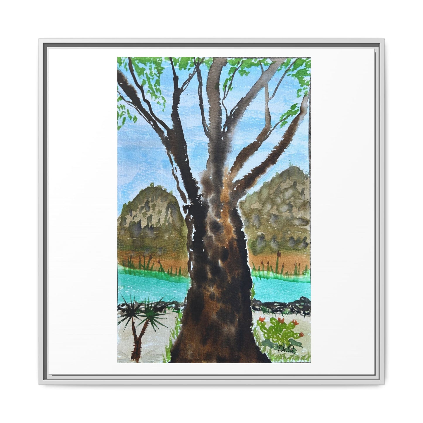 Tranquil Lakeside Tree Watercolor - Framed Matte Canvas Print by Dr. Q