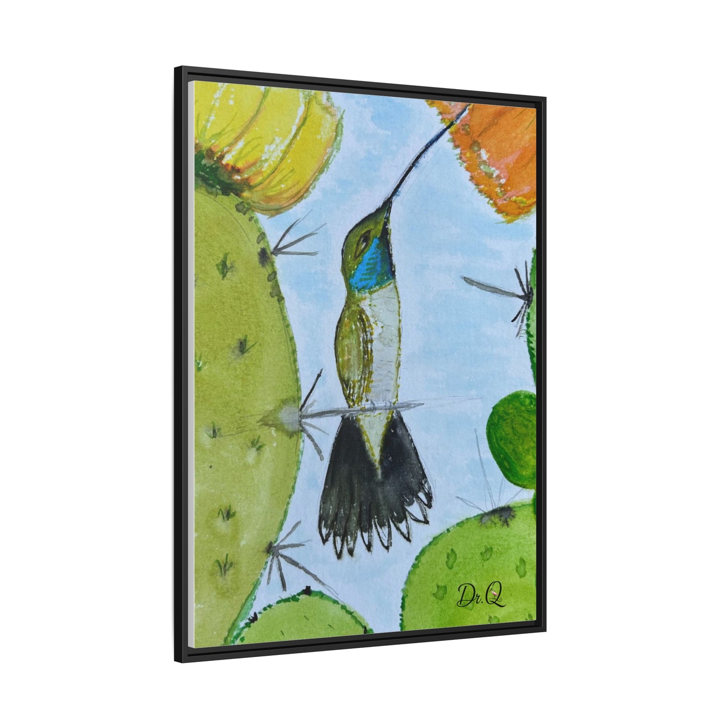 Framed Hummingbird Cactus Watercolor Print on Canvas by Dr. Q — Floral Desert Wall Art