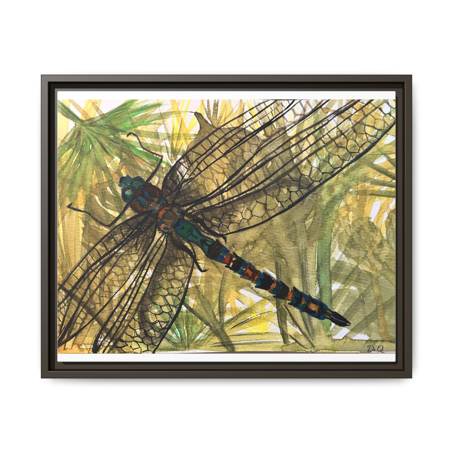 Dragonfly Framed Canvas Art — Botanical Watercolor Wall Decor