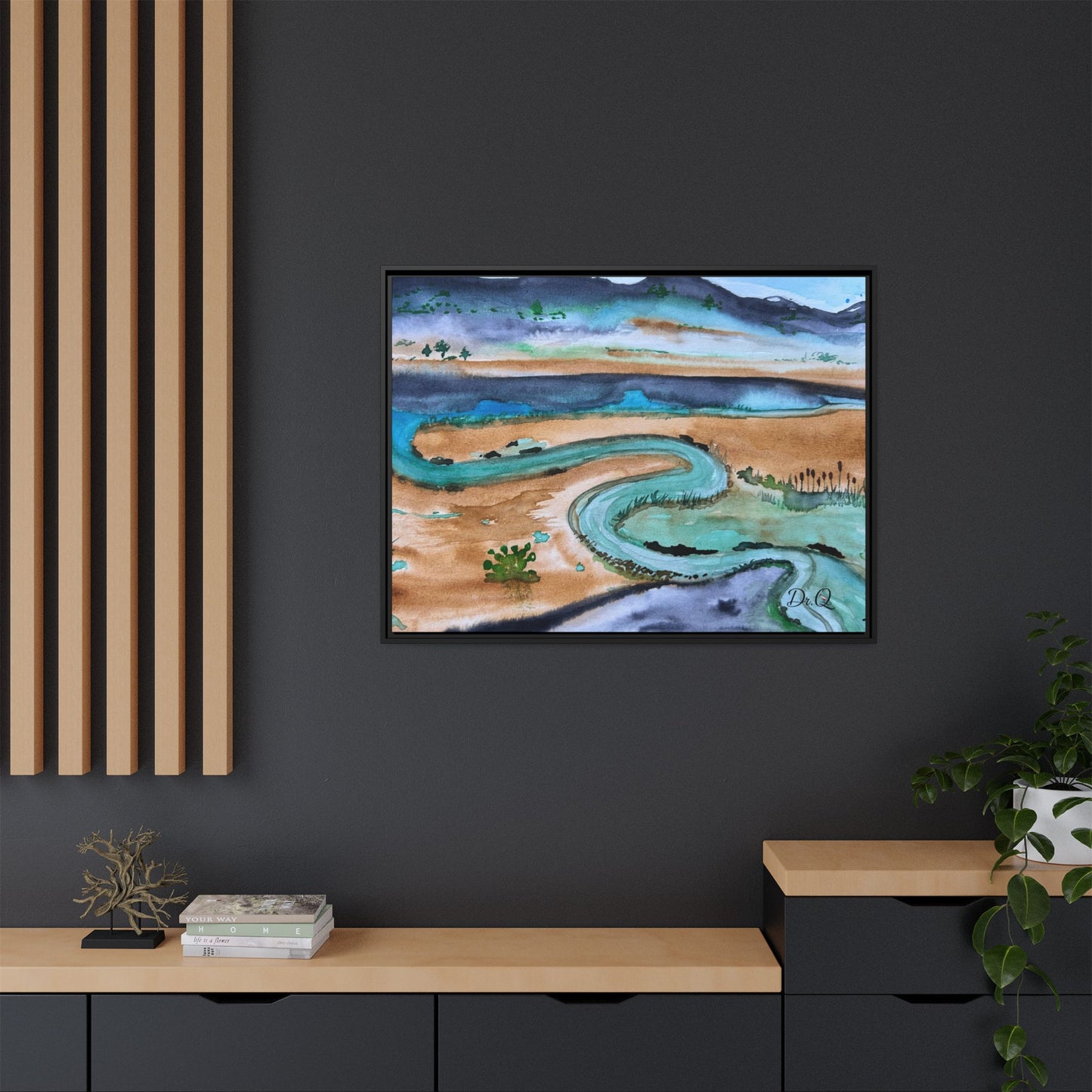 Winding River by Dr. Q - Framed Matte Canvas Watercolor Wall Art