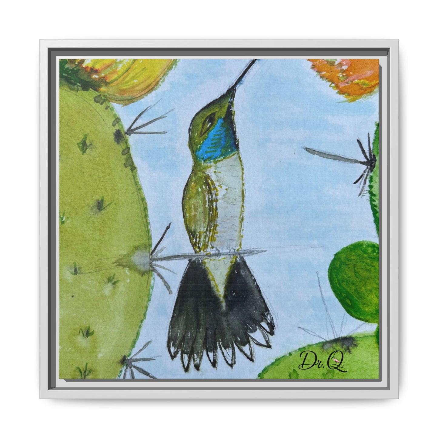 Framed Hummingbird Cactus Watercolor Print on Canvas by Dr. Q — Floral Desert Wall Art