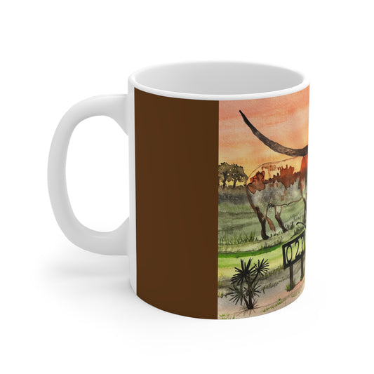 "Out 2 Pasture Ranch" Longhorn Cattle Mug, Rustic Cow Portrait Cup, Gift for Farmers, Texas-Themed Kitchenware, Nature Lover's Drinkware