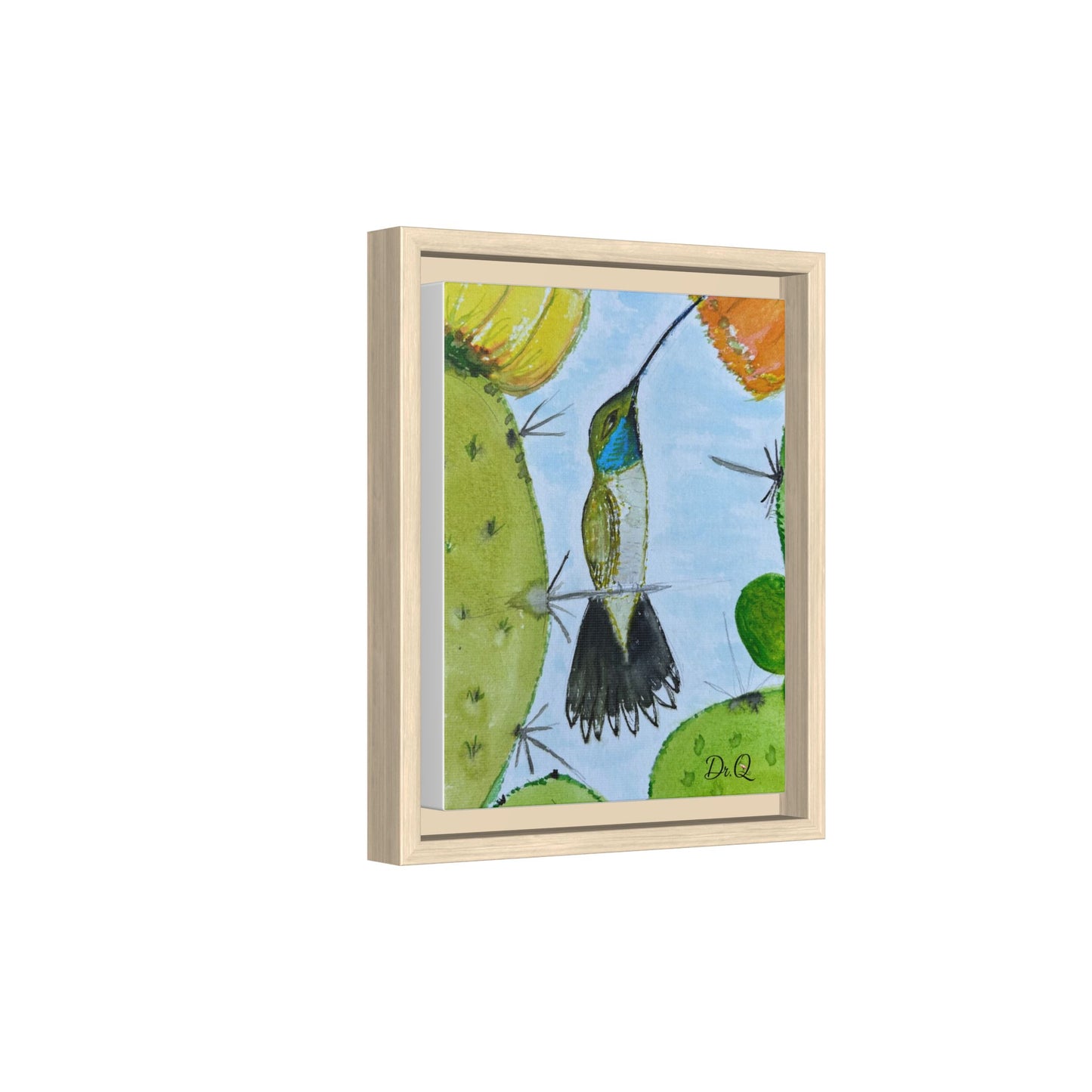 Framed Hummingbird Cactus Watercolor Print on Canvas by Dr. Q — Floral Desert Wall Art