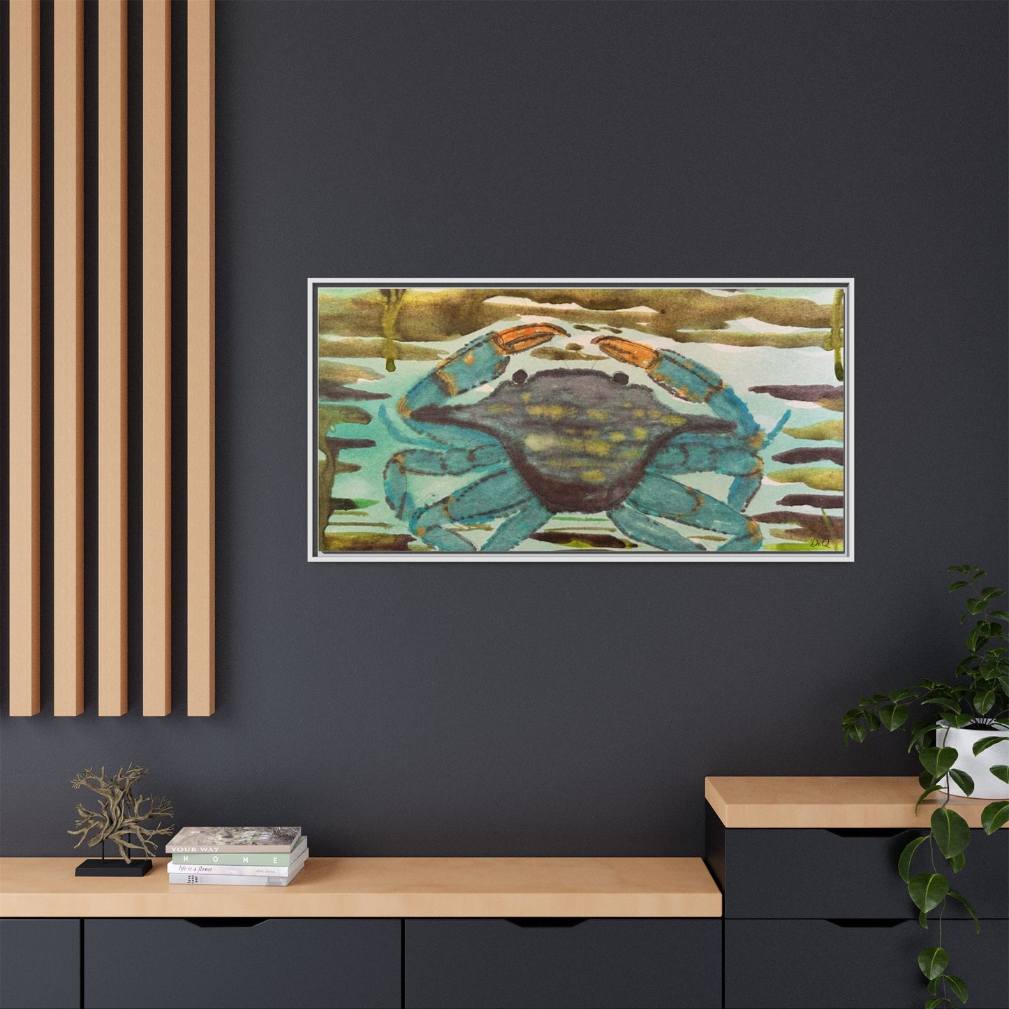 Blue Crab Coastal Art Print — Matte Framed Canvas