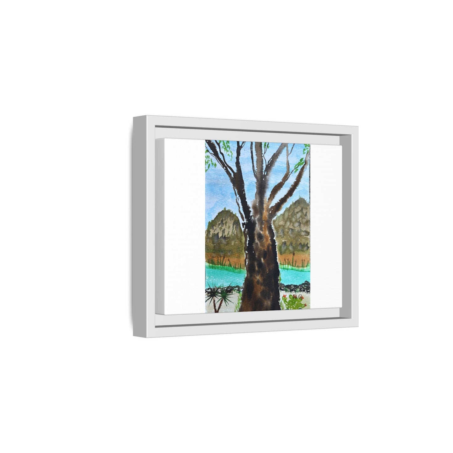Tranquil Lakeside Tree Watercolor - Framed Matte Canvas Print by Dr. Q
