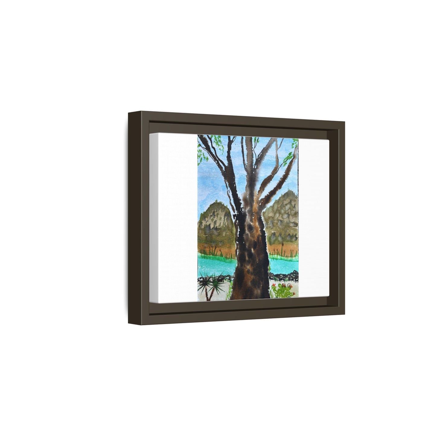Tranquil Lakeside Tree Watercolor - Framed Matte Canvas Print by Dr. Q