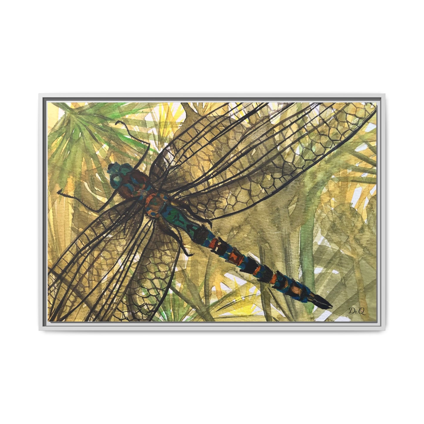 Dragonfly Framed Canvas Art — Botanical Watercolor Wall Decor