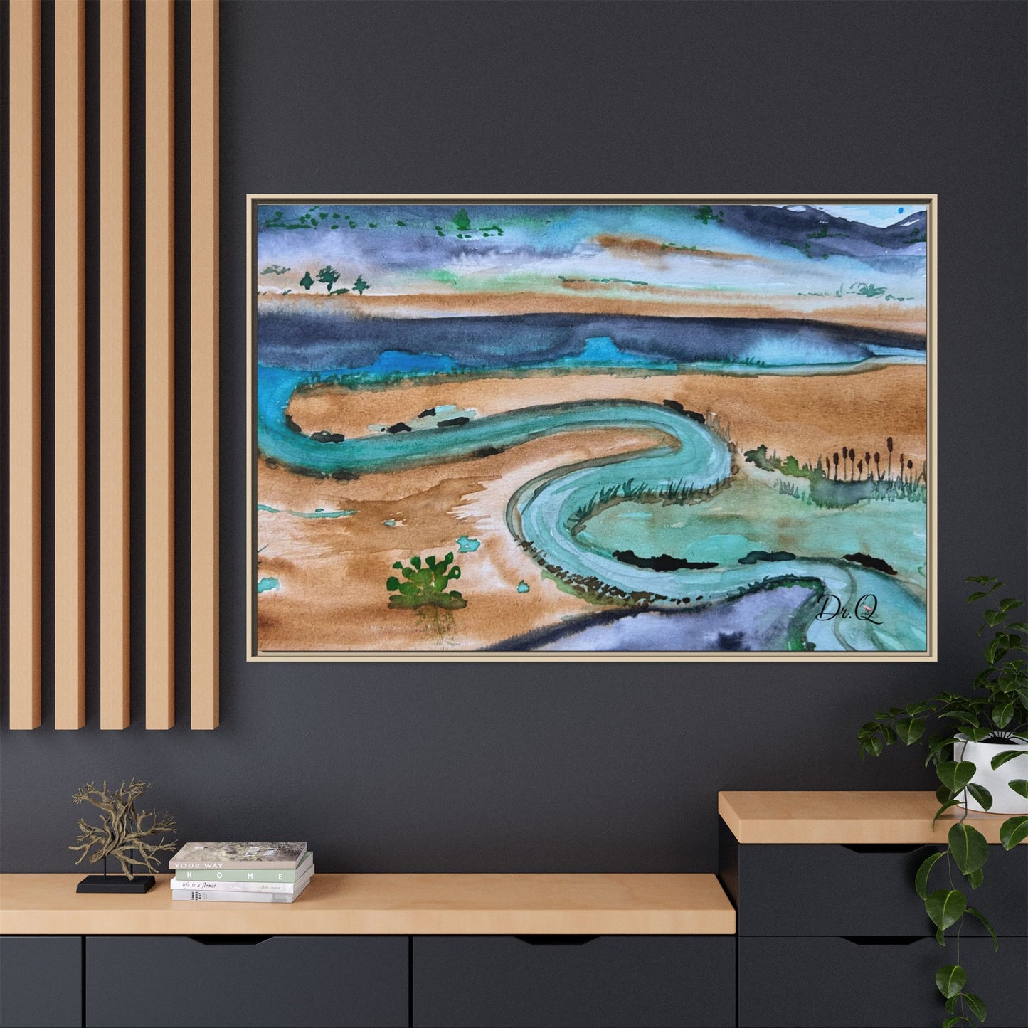 Winding River by Dr. Q - Framed Matte Canvas Watercolor Wall Art