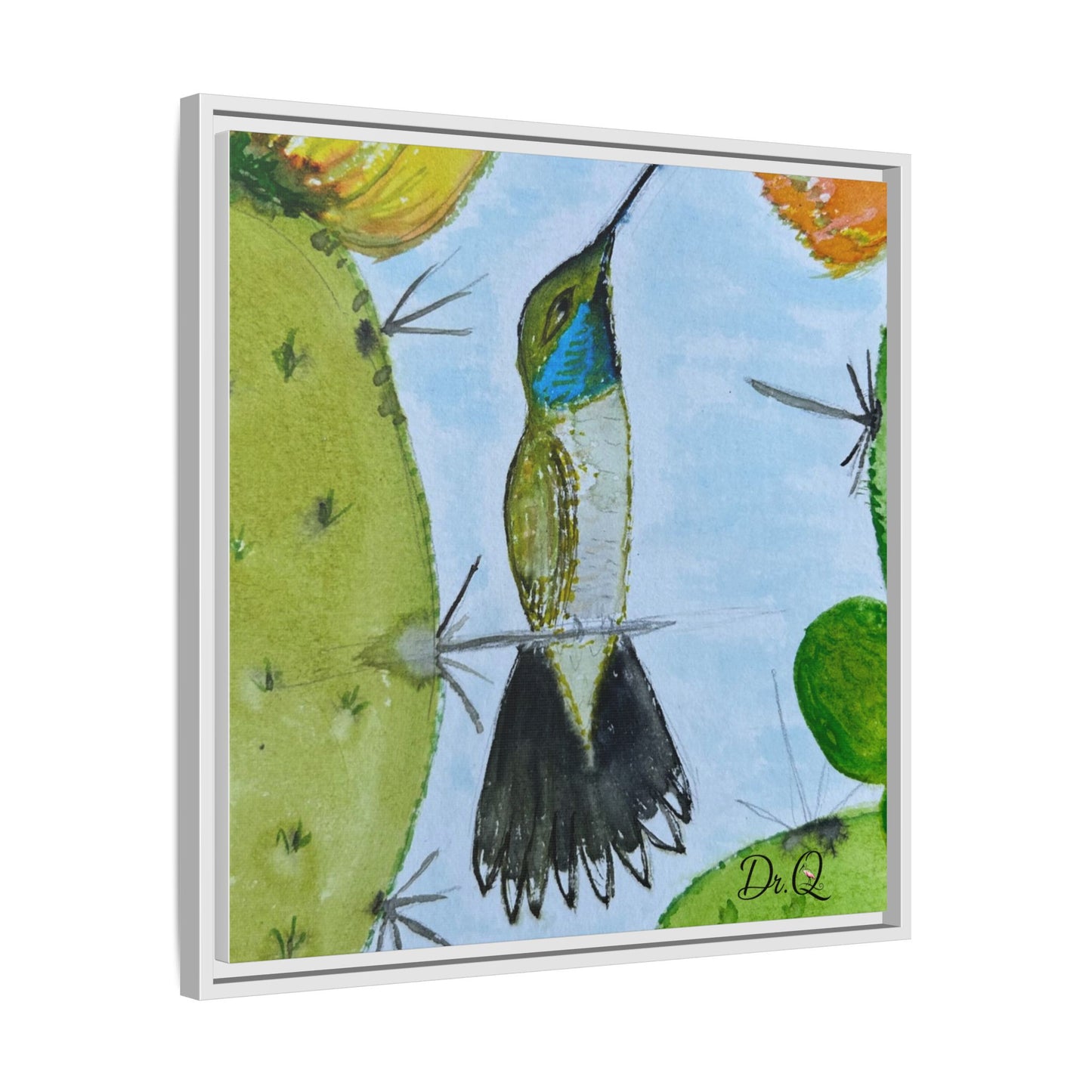 Framed Hummingbird Cactus Watercolor Print on Canvas by Dr. Q — Floral Desert Wall Art