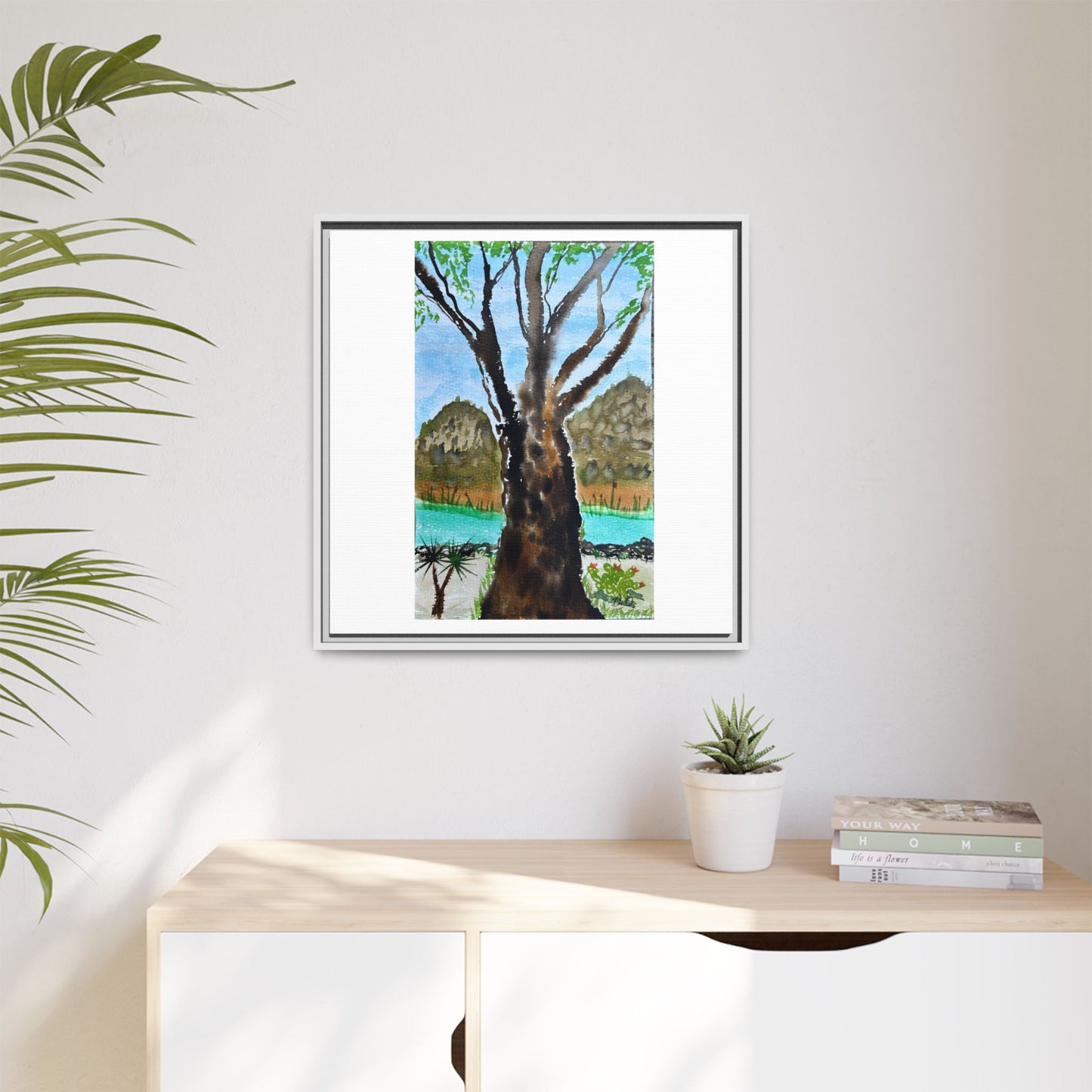 Tranquil Lakeside Tree Watercolor - Framed Matte Canvas Print by Dr. Q