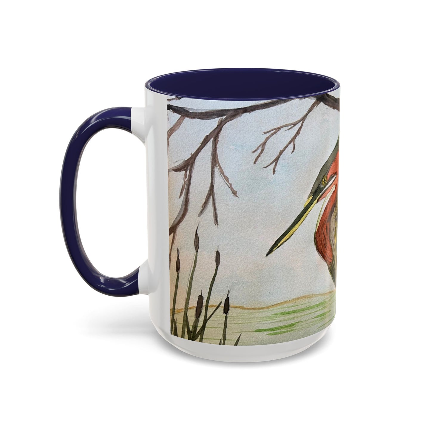 Green Heron Watercolor Accent Coffee Mug — Nature Bird Watercolor (11/15oz)