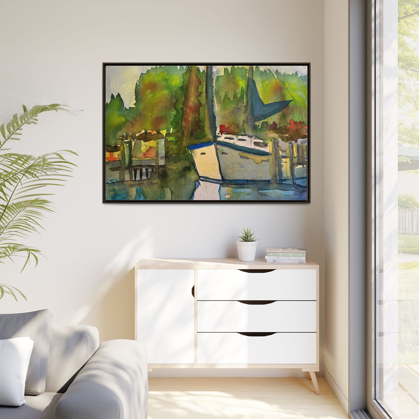 Sailboat Harbor Watercolor — Framed Matte Canvas Wall Art
