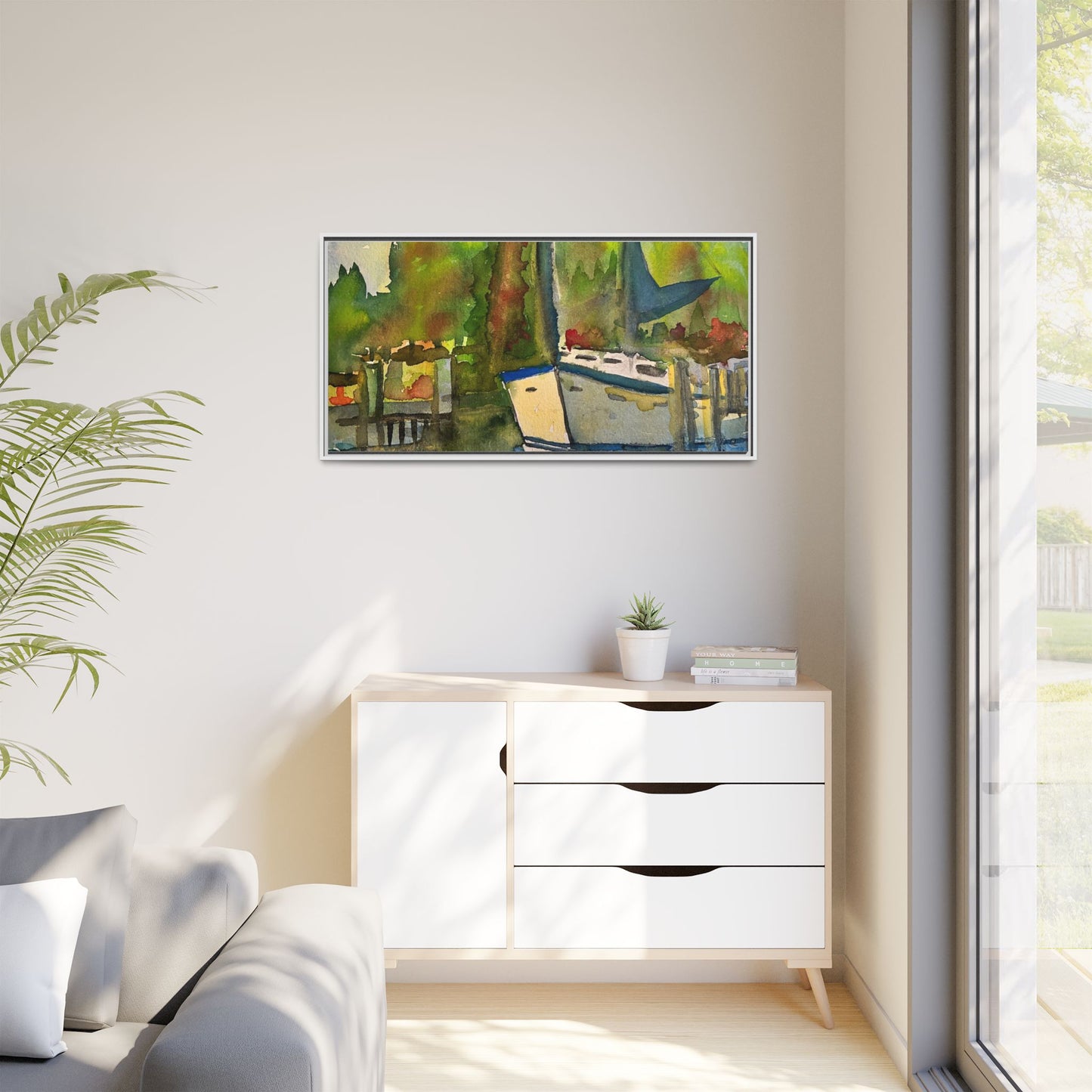 Sailboat Harbor Watercolor — Framed Matte Canvas Wall Art