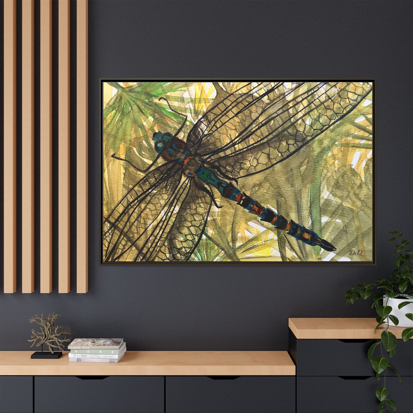 Dragonfly Framed Canvas Art — Botanical Watercolor Wall Decor
