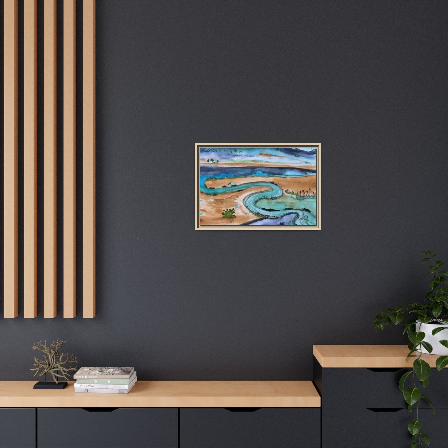 Winding River by Dr. Q - Framed Matte Canvas Watercolor Wall Art