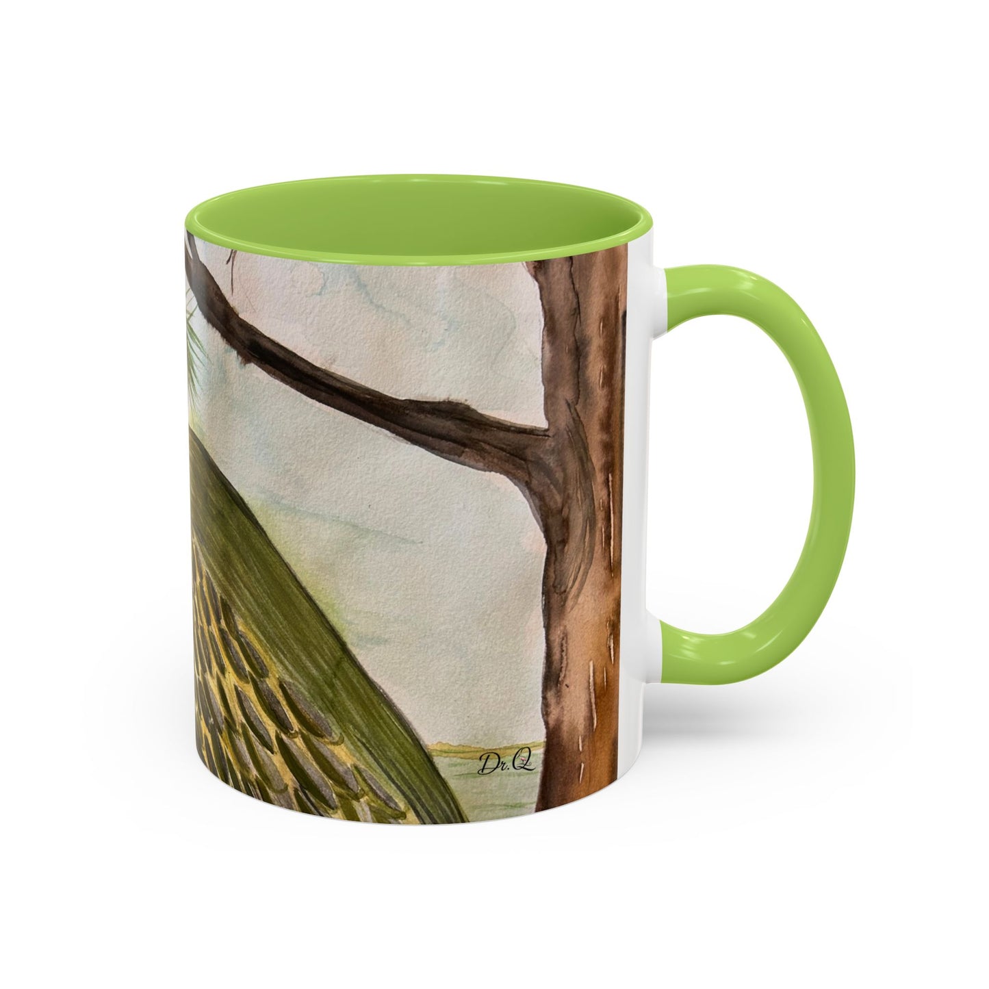 Green Heron Watercolor Accent Coffee Mug — Nature Bird Watercolor (11/15oz)