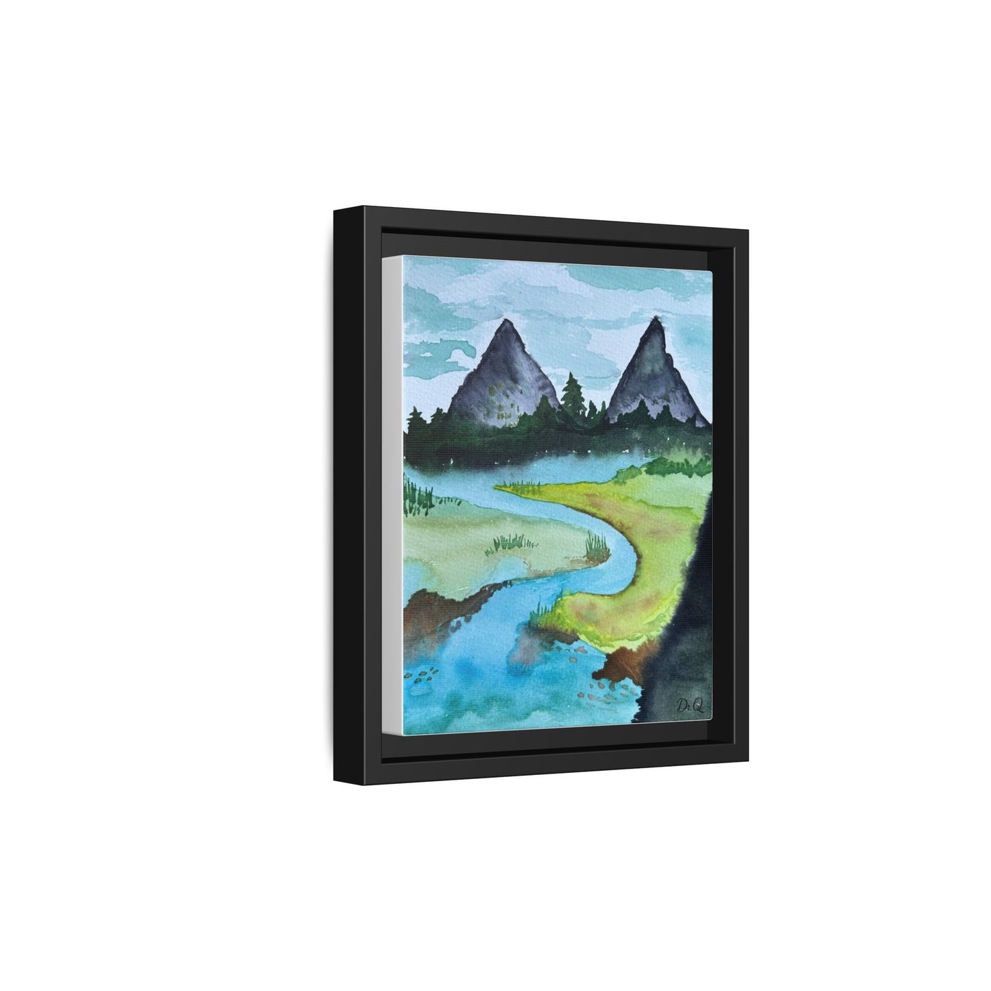 Mountain River Framed Canvas Watercolor Print by Dr. Q
