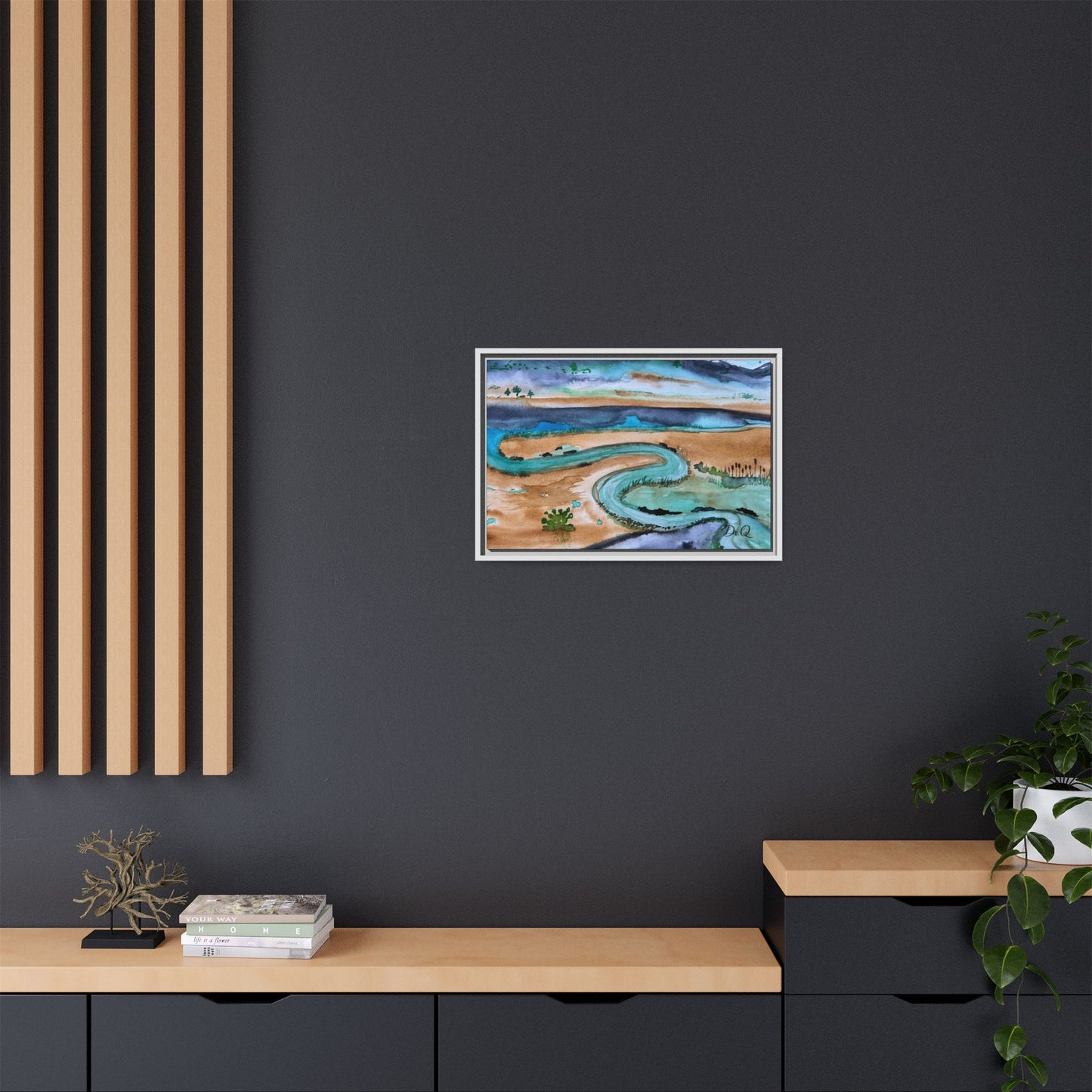 Winding River by Dr. Q - Framed Matte Canvas Watercolor Wall Art